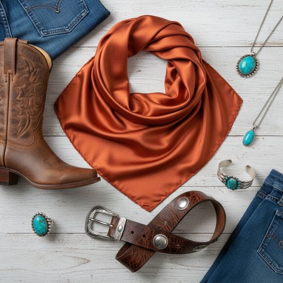 Rust Wild Rag Scarf 35x35 Satin Western Cowgirl Cowboy Bandana - Picture 5 of 10